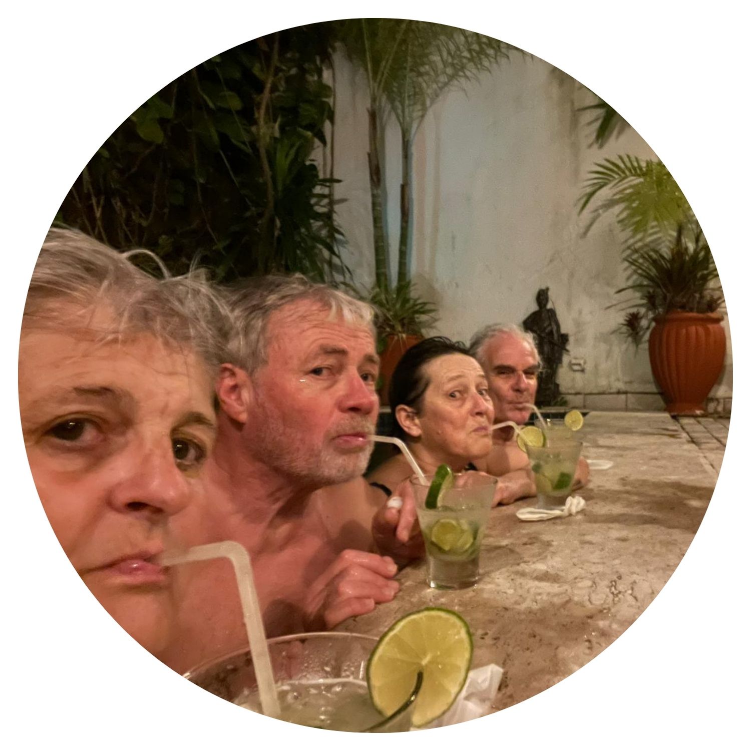 Quatre personnes profitant d'un moment de détente avec des cocktails au Brésil, dans une ambiance tropicale avec des plantes en arrière-plan.