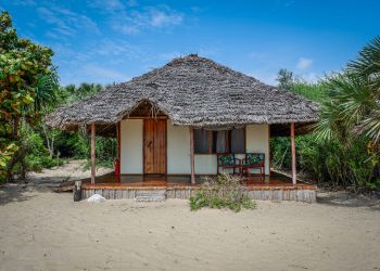 Bungalow traditionnel avec toit de chaume sur une plage de Zanzibar, entouré de végétation tropicale